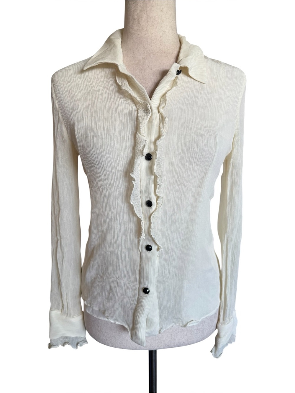 Jones New York Silk Cream Ruffle-Trim Button Down Blouse